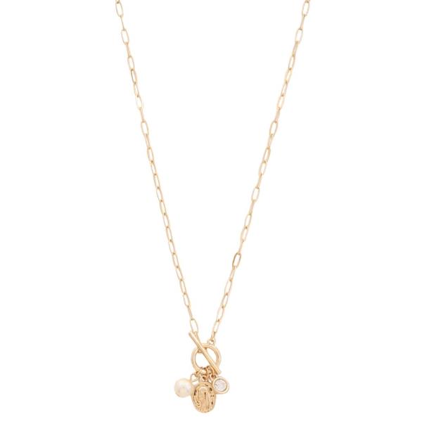 SODAJO RELIGIOUS CHARM PEARL CRYSTAL GOLD DIPPED NECKLACE