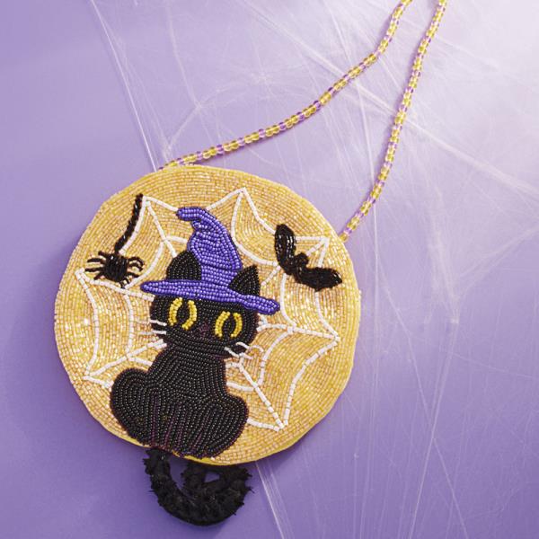 HALLOWEEN WIZARD BLACK CAT SHAPED HAND CRAFTED BEADED KIDS CROSSBODY BAG