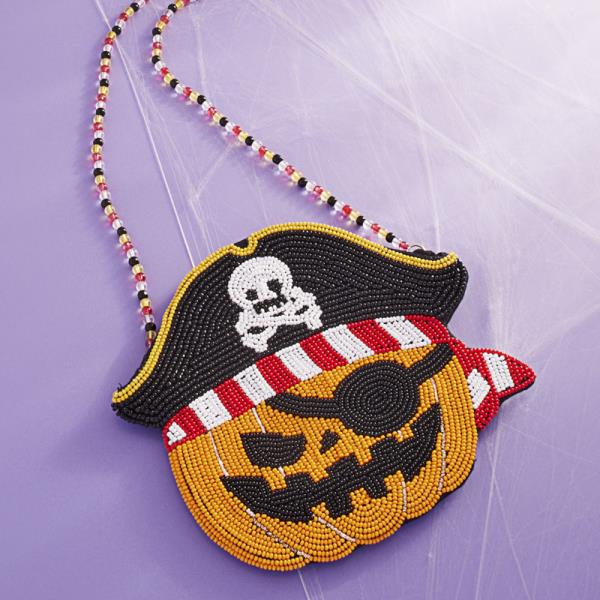 HALLOWEEN PIRATE PUMPKIN  SHAPED HAND CRAFTED BEADED KIDS CROSSBODY BAG