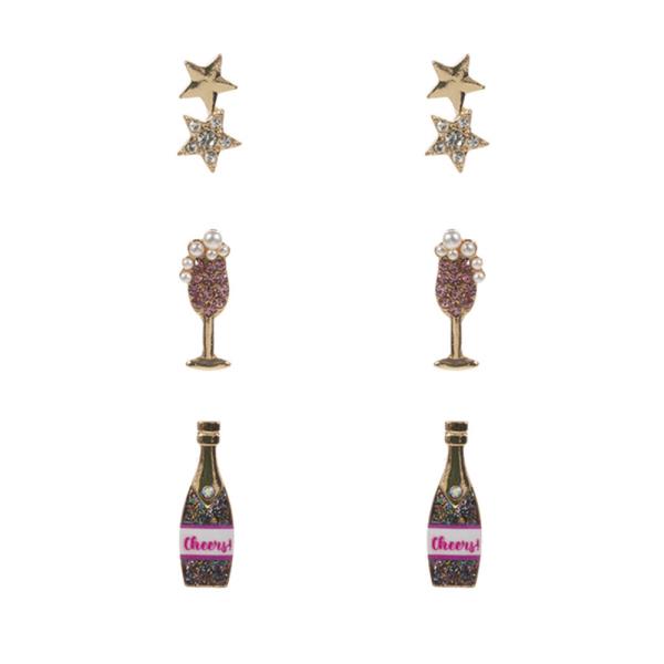 STAR, CHAMPAGNE AND GLASS SHAPED COLORED METAL EARRING