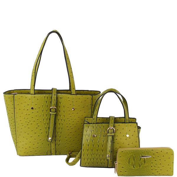 3IN1 OSTRICH BUCKLE TOTE W HANDLE BAG AND WALLET SET