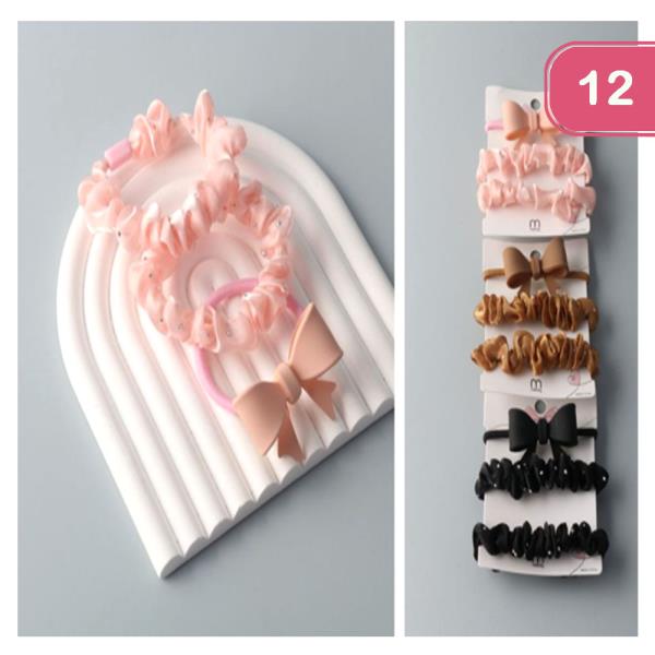 PLASTIC BOW ORGANZA SCRUNCHIE HAIR TIE SET (12 UNITS)