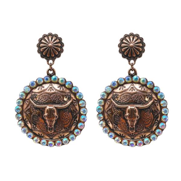 WESTERN ROUND CATTLE SKULL RHINESTONE DANGLE EARRING