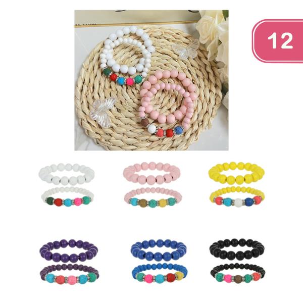 COLOR BEAD STRETCH BRACELET 2 PC SET (12 UNITS)