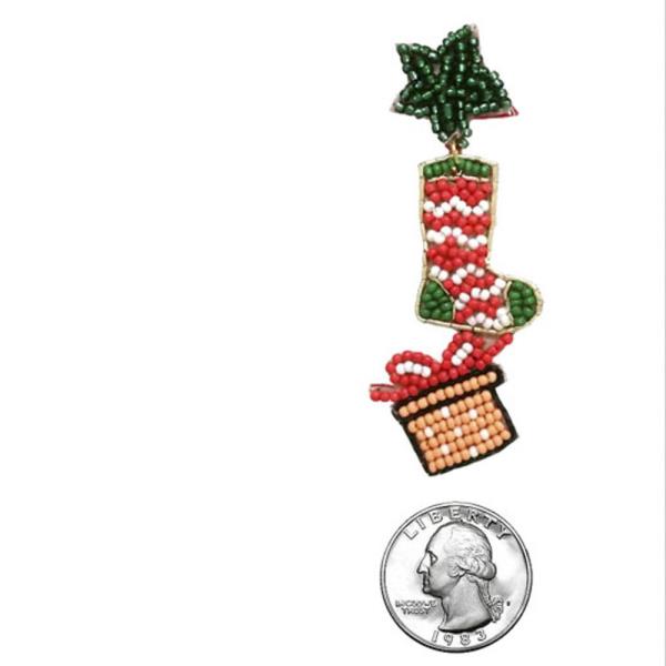 CHRISTMAS SOCKS AND GIFT SEED BEAD POST EARRING