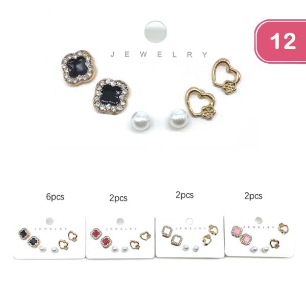 HEART CLOVER RHINESTONE AND PEARL STUD EARRING SET (12 UNITS)