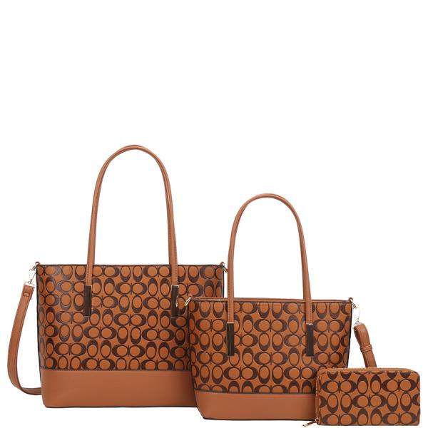 3IN1 OVAL PATTERN SHOULDER TOTE W MATCHING BAG AND WALLET SET