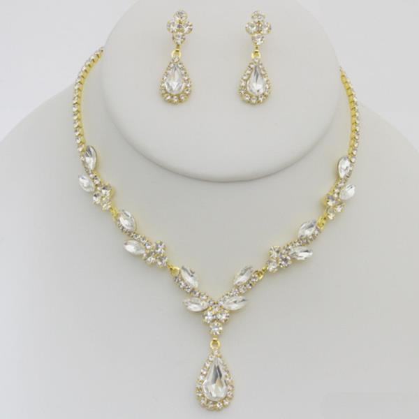 TEARDROP LEAF PATTERN RHINESTONE NECKLACE