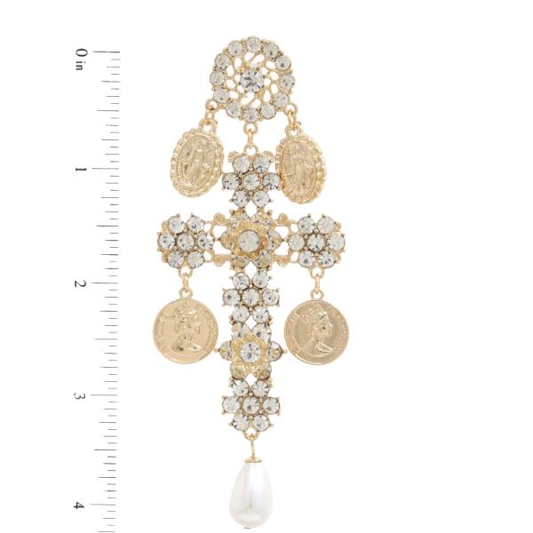 CROSS MEDALLION PEARL BEAD RHINESTONE DANGLE EARRING