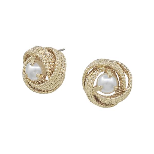 TEXTURED METAL KNOT WITH PEARL POST EARRING