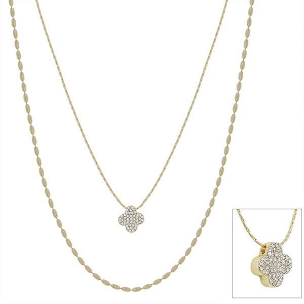2 LAYERED PAVE ACCENT  CLOVER PENDANT OVAL CHAIN SHORT NECKLACE
