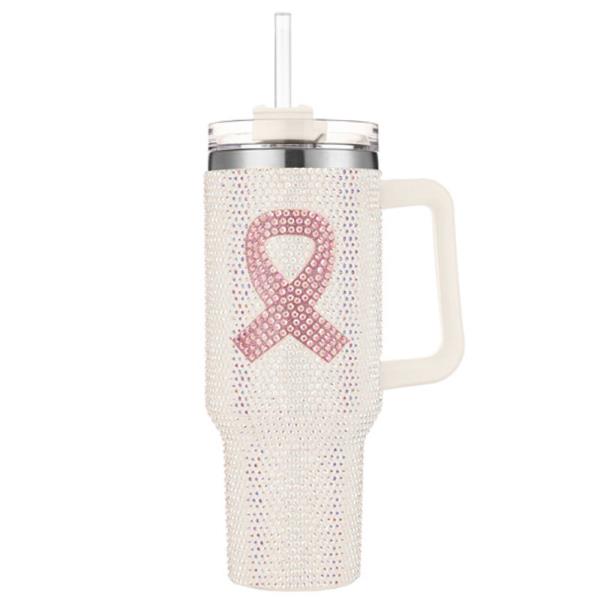 RHINESTONE PINK RIBBON BREAST CANCER 40 OZ CUP TUMBLER WITH HANDLE STRAW