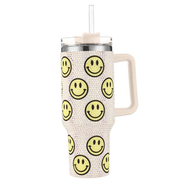 RHINESTONE HAPPY FACE 40 OZ CUP TUMBLER WITH HANDLE STRAW