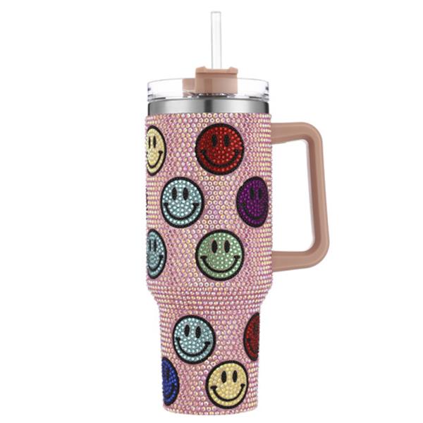 HAPPY FACE RHINESTONE BLING 40 OZ TUMBLER WITH HANDLE STRAW