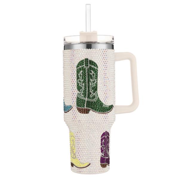 RHINESTONE WESTERN BOOTS 40 OZ CUP TUMBLER WITH HANDLE STRAW