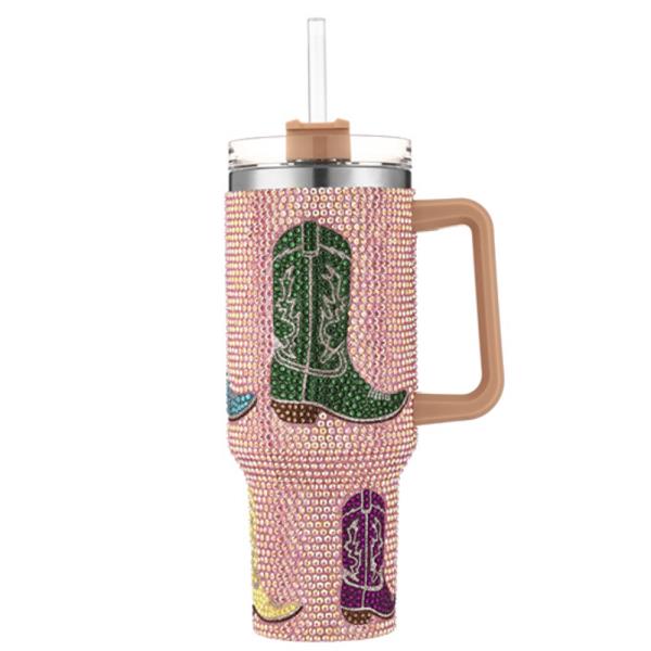 RHINESTONE WESTERN BOOTS 40 OZ CUP TUMBLER WITH HANDLE STRAW