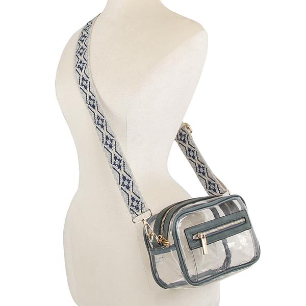 CLEAR ZIPPER CROSSBODY BAG W GUITAR STRAP