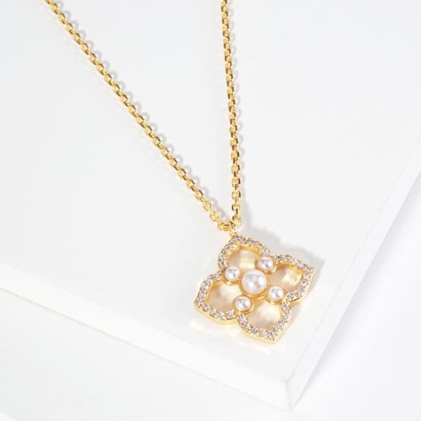 18K GOLD RHODIUM IN YOUR LIFE FLOWER PEARL NECKLACE