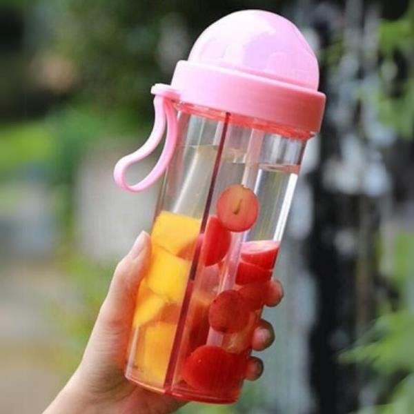FLAVOR INFUSER WATER BOTTLE 2 COMPARTMENTS AND STRAWS WITH STRAP