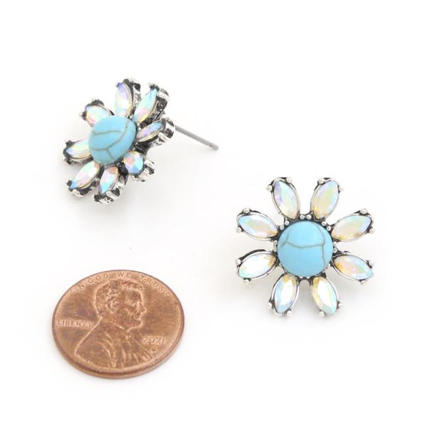 WESTERN STYLE TURQUOISE BEAD FLOWER POST EARRING