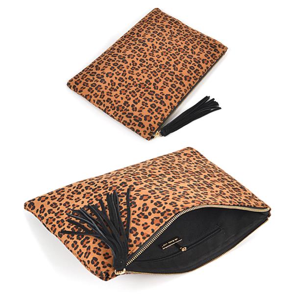 TEXTURED PRINT SUPER SUEDE TASSEL POUCH CLUTCH BAG