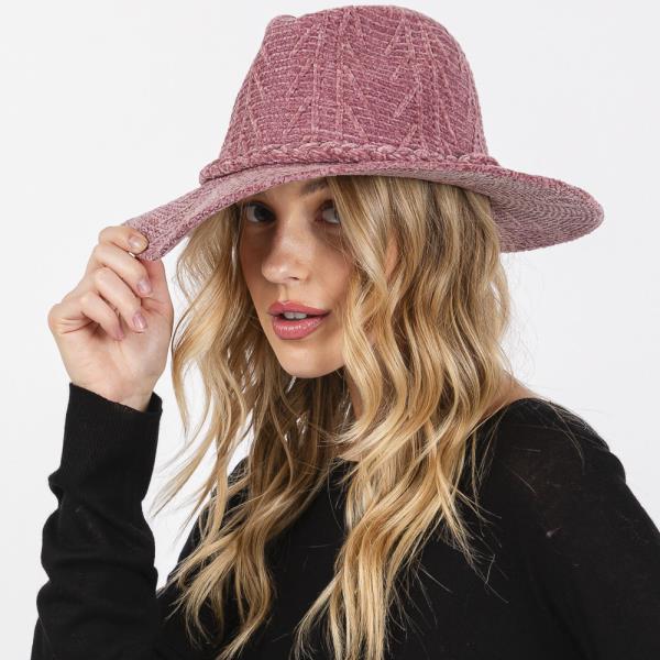 CHENILLE PATTERN FEDORA WITH BRAIDED BAND