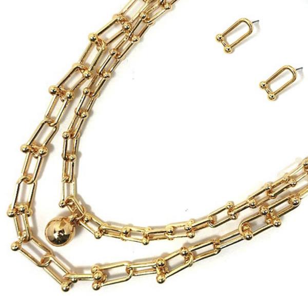 LAYERED METAL CHAIN NECKLACE EARRING SET