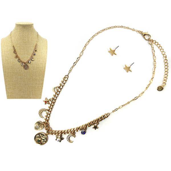 METAL CHAIN W MULTI CHARM NECKLACE EARRING SET