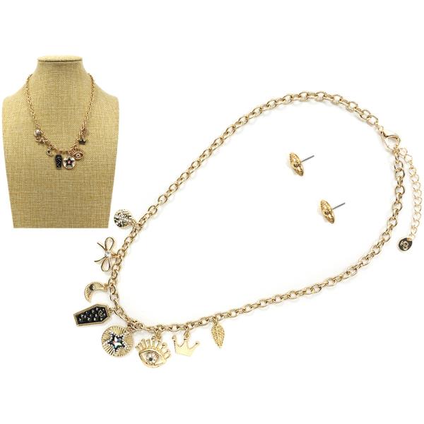 METAL CHAIN EVIL EYE CHARM NECKLACE EARRING SET