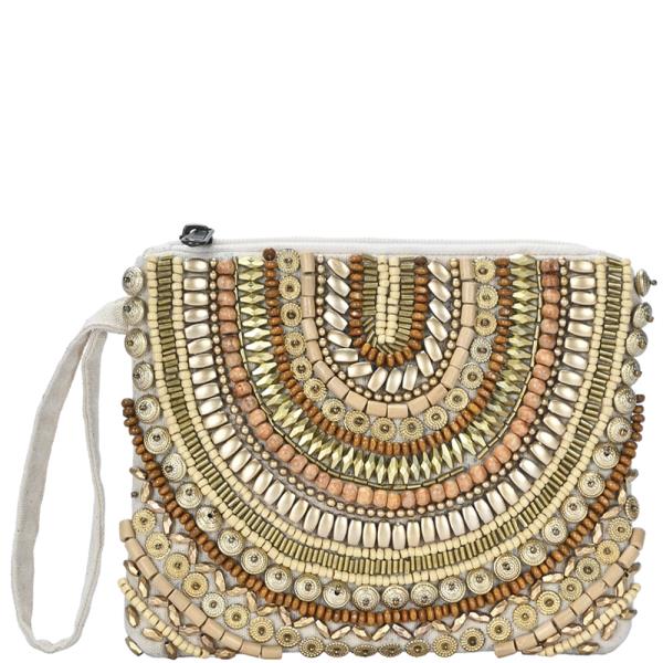 BOHO ASSORTED BEADED PATTERN HAND STRAP CLUTCH BAG