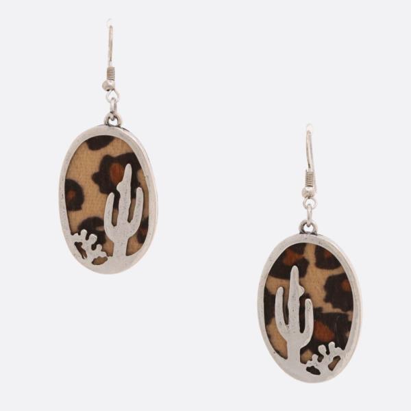 WESTERN STYLE OVAL CACTUS ANIMAL PRINT DANGLE EARRING