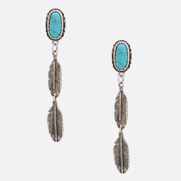 WESTERN STYLE TURQUOISE BEAD FEATHER DANGLE EARRING