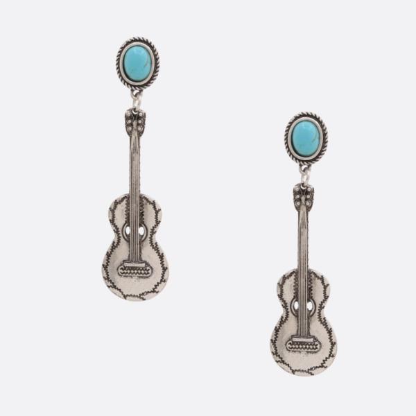 WESTERN STYLE GUITAR TURQUOISE BEAD DANGLE EARRING