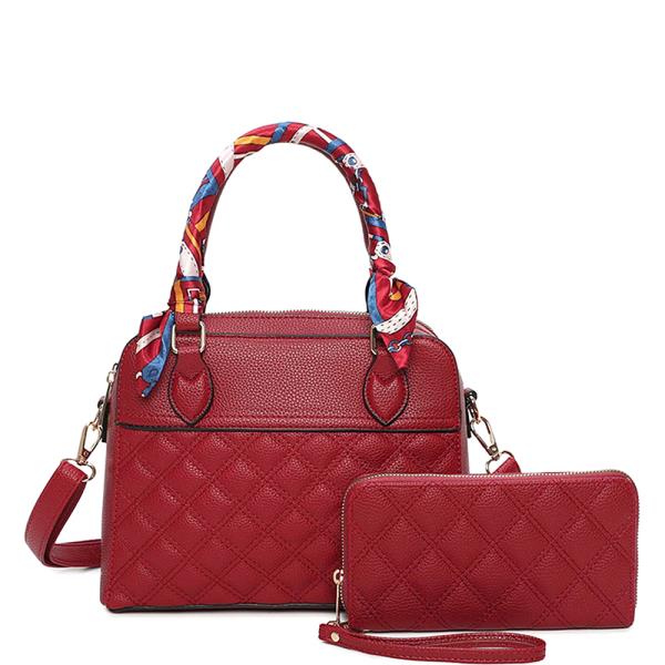 2IN1 QUILTED SCARF TOP HANDLE SATCHEL W WALLET SET