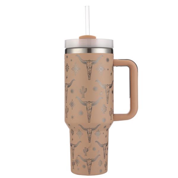 40OZ COW SKULL HANDLE TUMBLER WITH STRAW