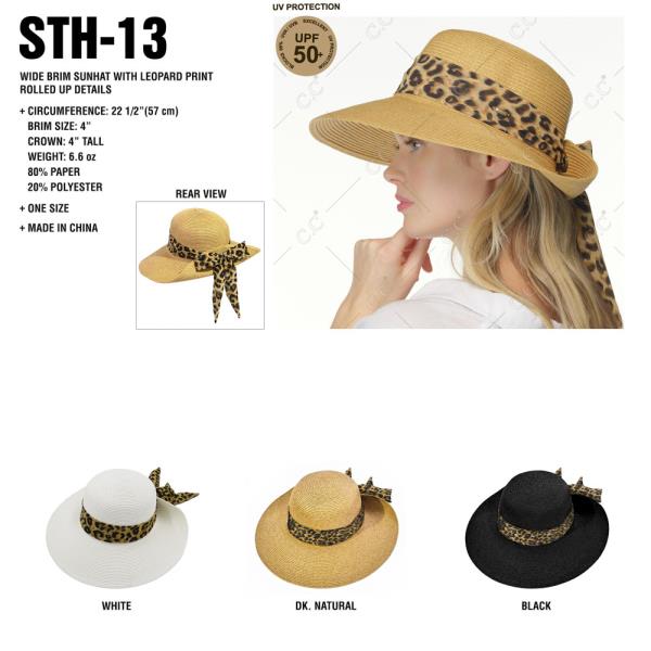 CC WIDE BRIM SUNHAT WITH LEOPARD PRINT ROLLED UP DETAILS