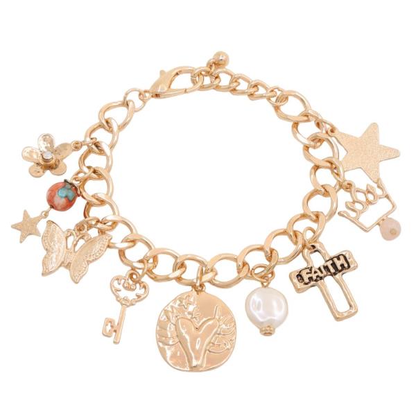 FAITH BUTTERFLY HEART COIN CHARM METAL BRACELET