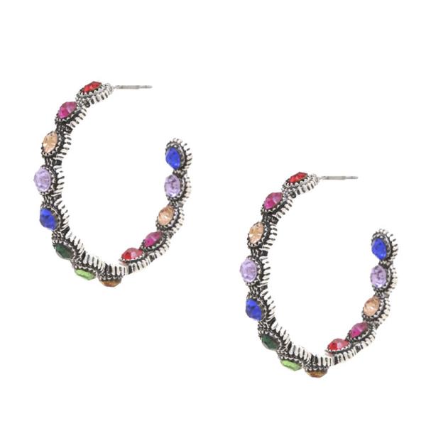 WESTERN RHINESTONE AND SEMITONE HOOP EARRING