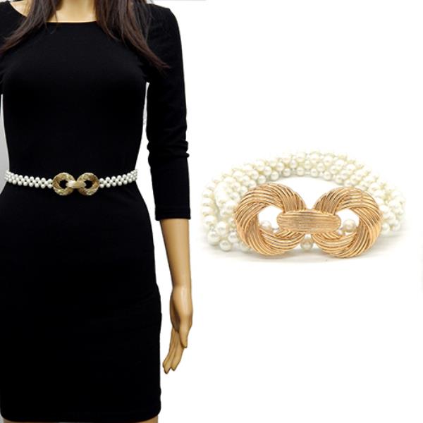 DOUBLE ROUND BUCKLE ELASTIC PEARL BELT