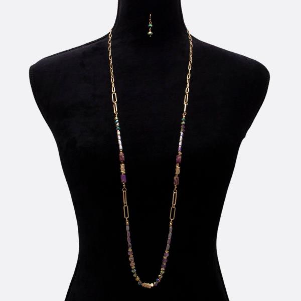 BEADED LONG OVAL METAL NECKLACE