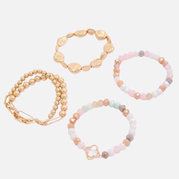 CLOVER CHARM BEADED ASSORTED BRACELET SET