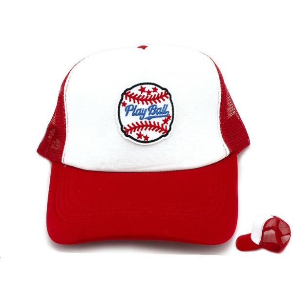 PLAY BALL BASEBALL EMRBOIDERED PATCH TRUCKER MESH CAP