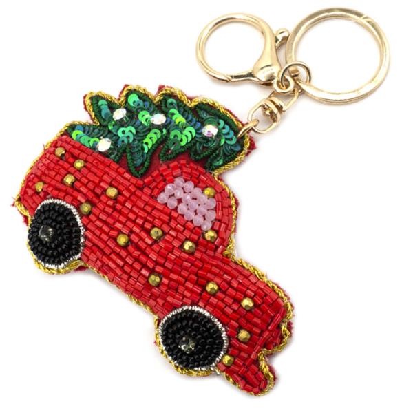 SEED BEAD CHRISTMAS TRUCK WITH TREE KEYCHAIN