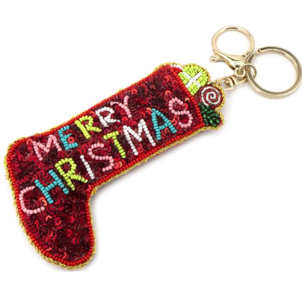 SEED BEAD SEQUIN MERRY CHRISTMAS KEYCHAIN