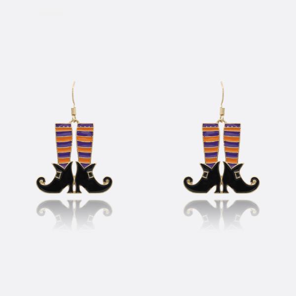 HALLOWEEN WICKED WITCH HORNED SHOE WITH STRIPED SOCKS ENAMEL DANGLE EARRING