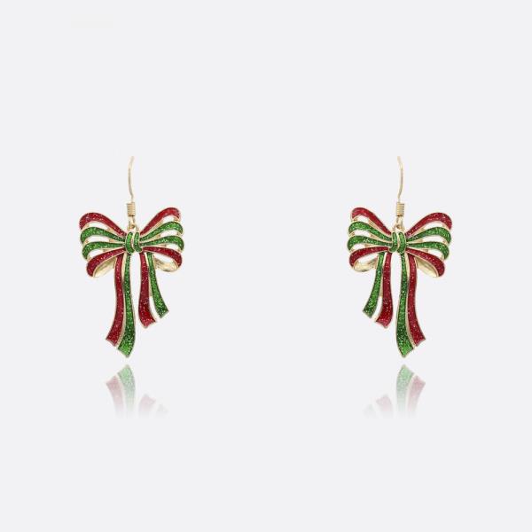 CHRISTMAS RED GREEN RIBBON BOW GLITTER ENAMEL DANGLE EARRING