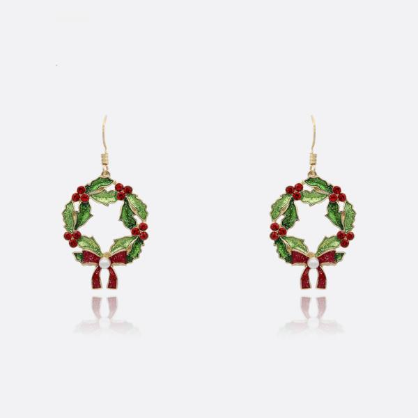 CHRISTMAS HOLLY WREATHE WITH PEAL ACCENT BOW ENAMEL DANGLE EARRING