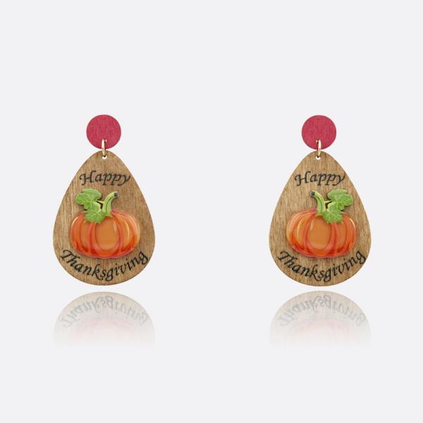 HAPPY THANKSGIVING PUMPKIN WOODEN DANGLE EARRING