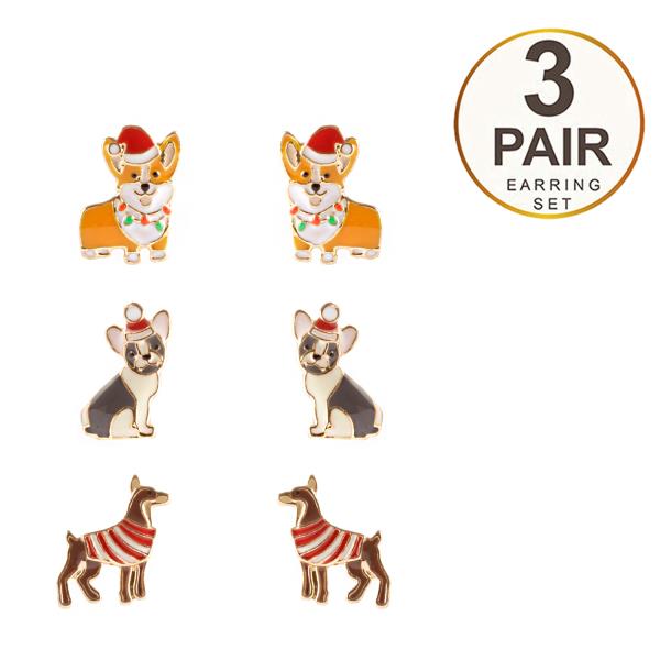 CHRISTMAS DOG STUD EARRING 3 PAIR SET