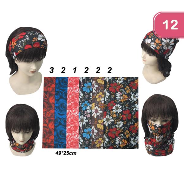 FLORAL PRINT MULTI FUNCTION UNISEX LOOP SCARF BANDANA HAIR (12 UNITS)